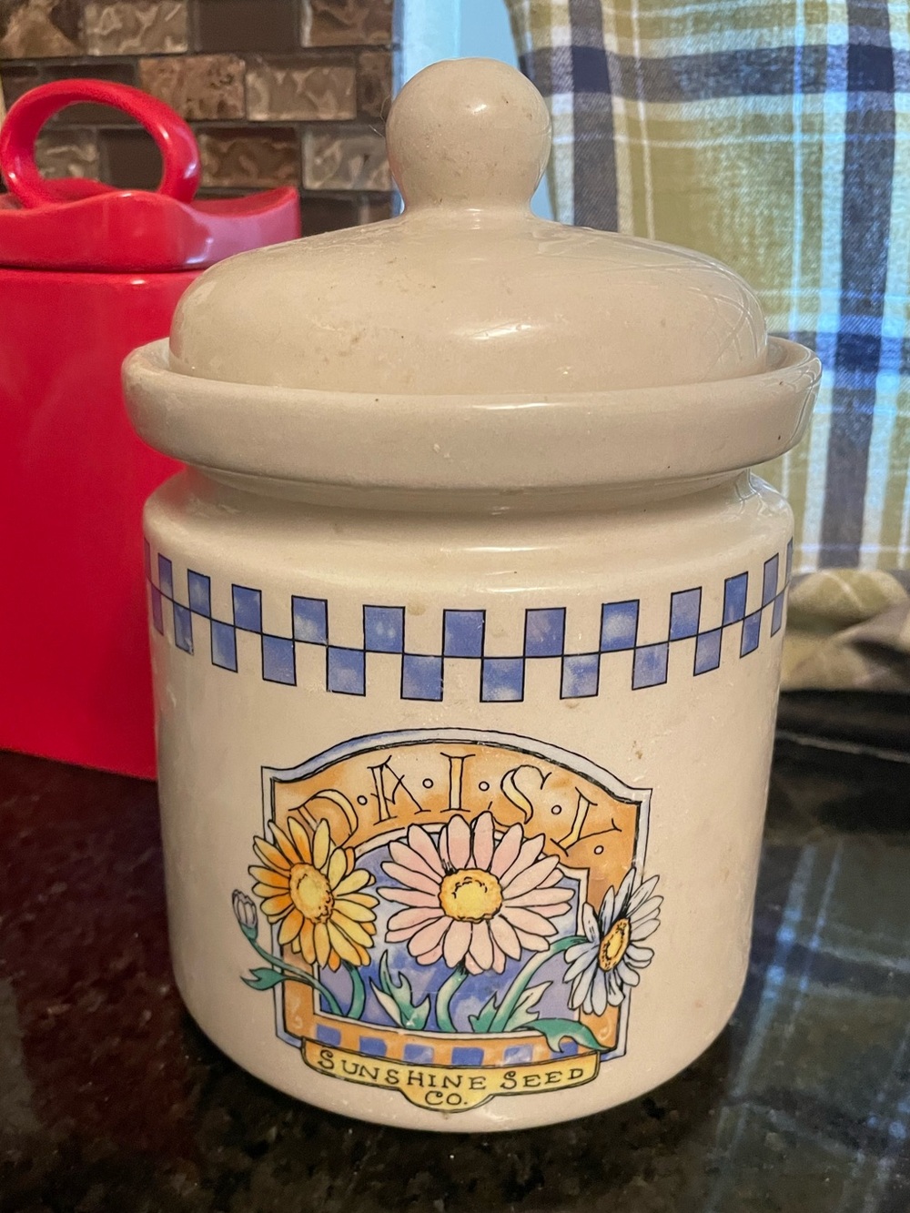 Vintage Gibson Elite Daisy Ceramic Canister Jar Sunshine Seed Co Blue Plaid